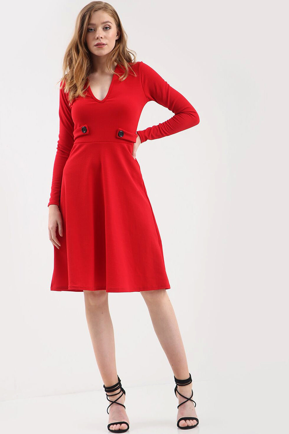 Long Sleeve Button Flared Midi Skater Dress - bejealous-com
