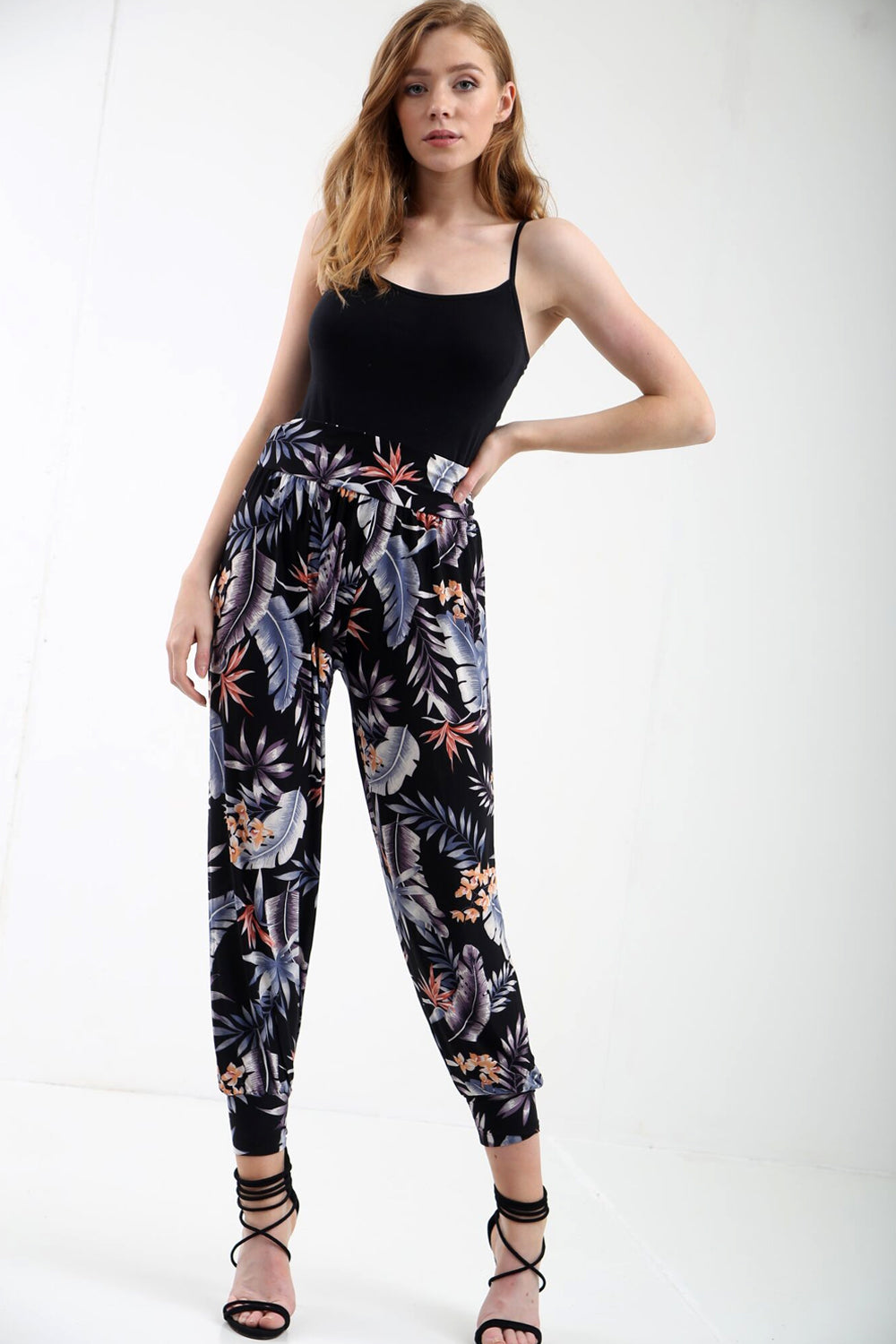 High Waist Harem Tropical Print Cuffed Pants - bejealous-com