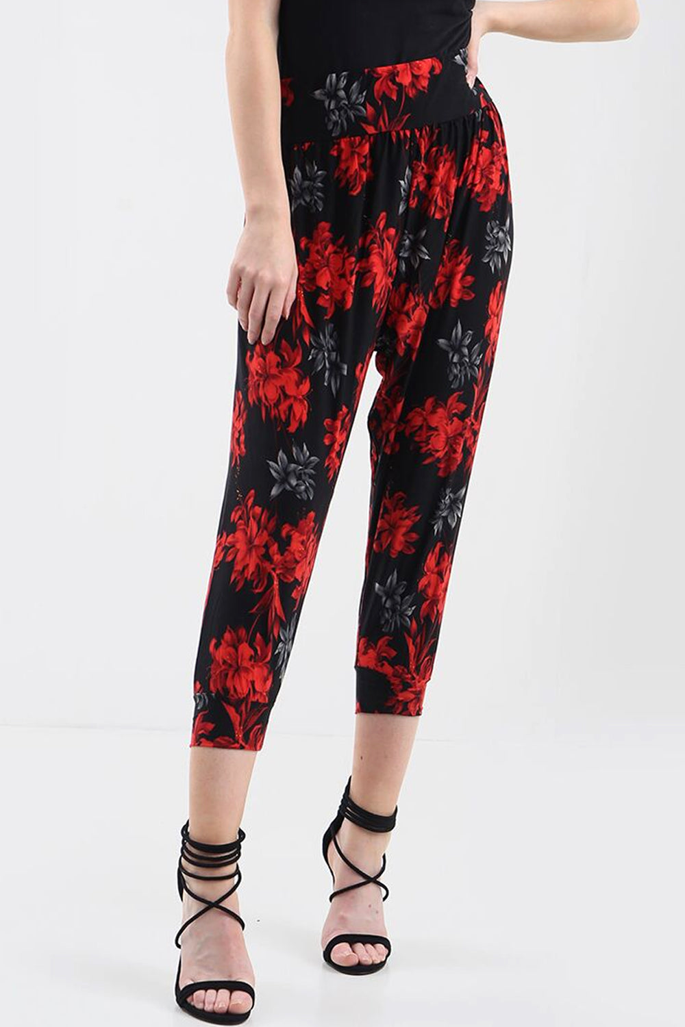 High Waist Red Floral Print Cuffed Leg Trousers - bejealous-com