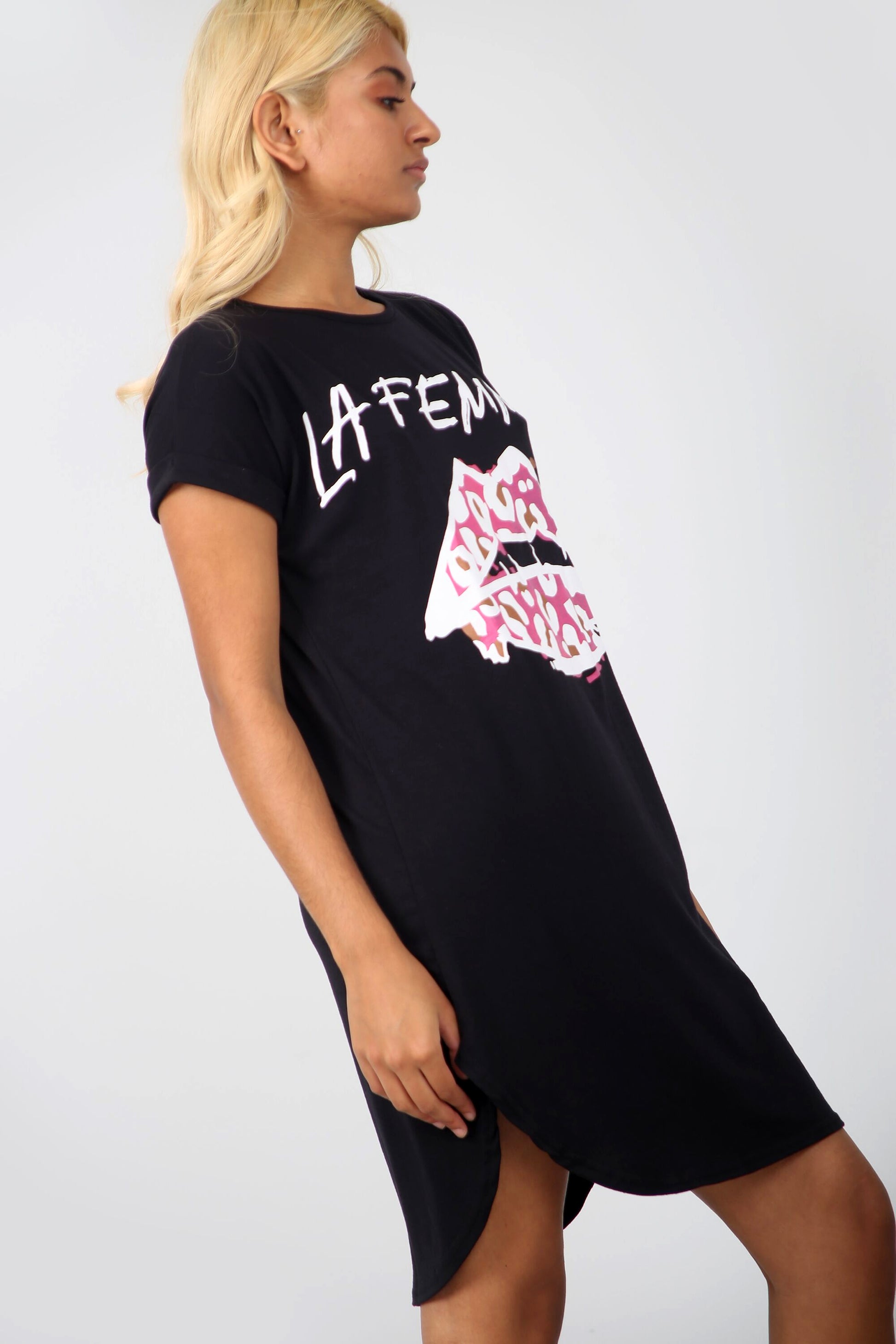 La Femme Slogan Curved Hem Tshirt Dress in White - bejealous-com