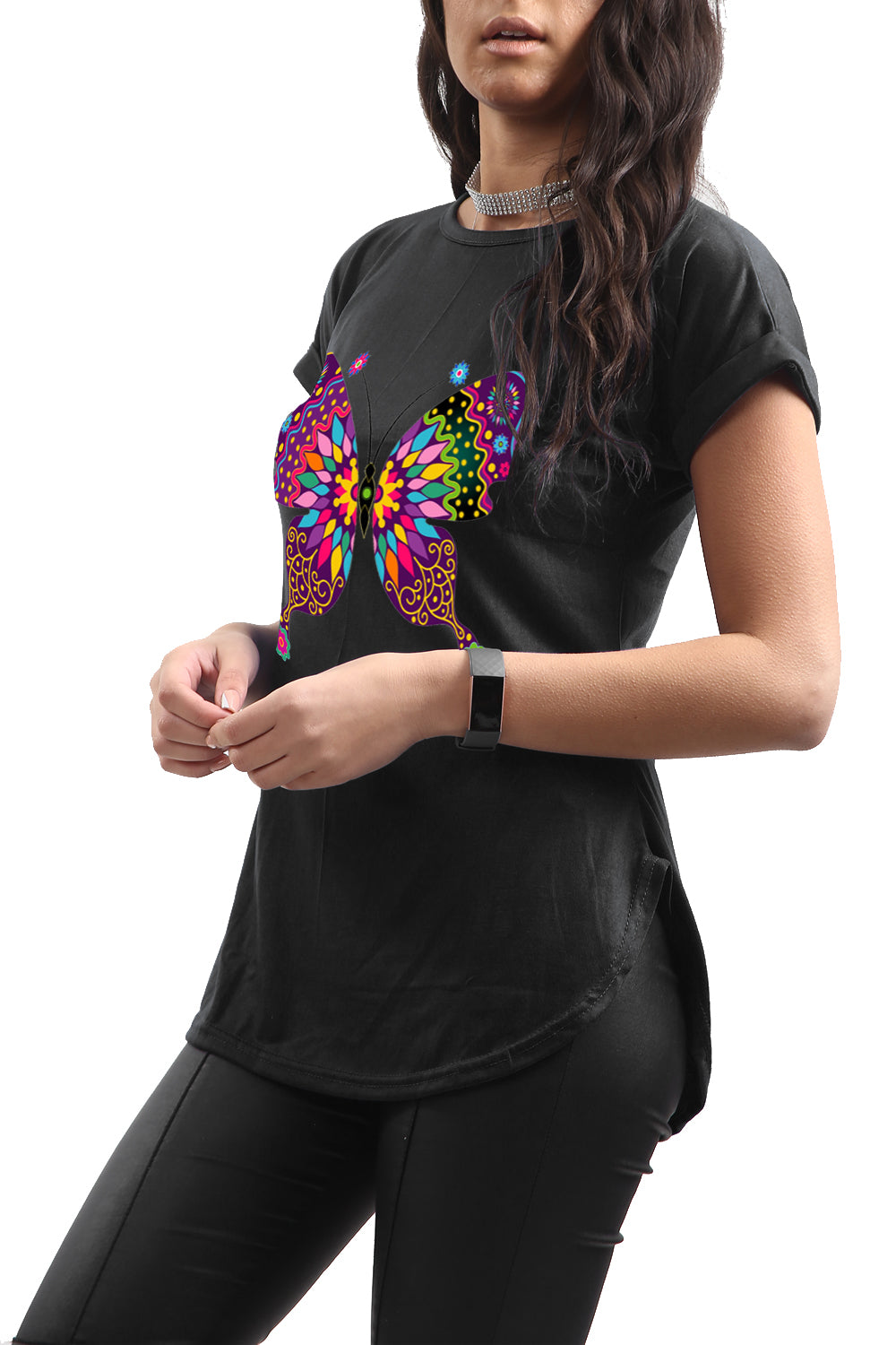 Lisa Multi Color Butterfly Curved Hem Basic Top