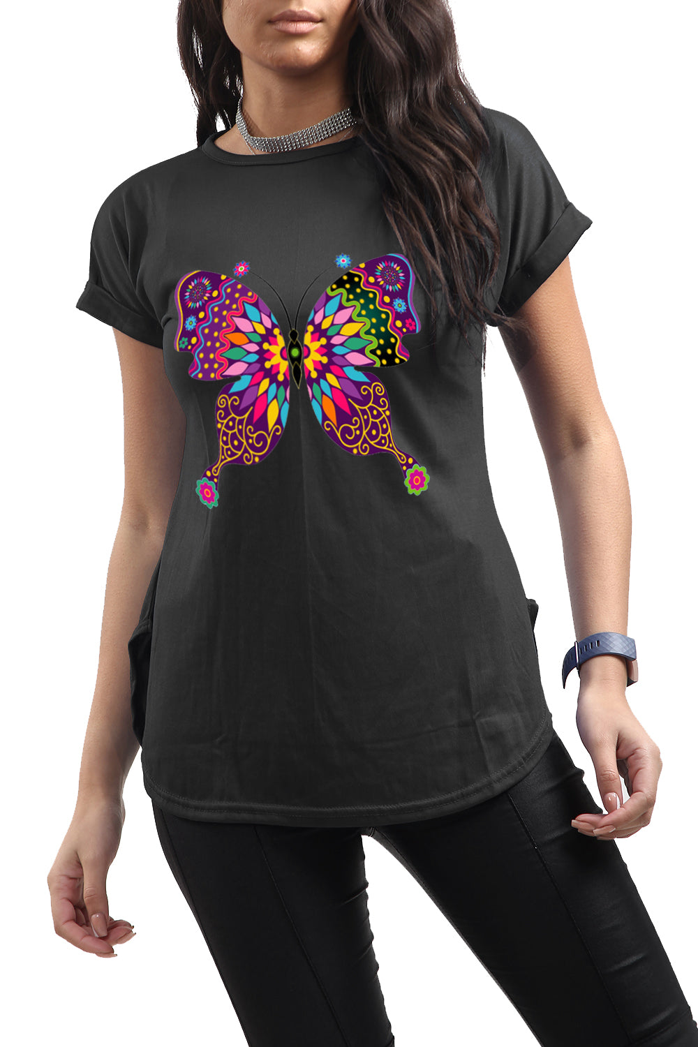 Lisa Multi Color Butterfly Curved Hem Basic Top