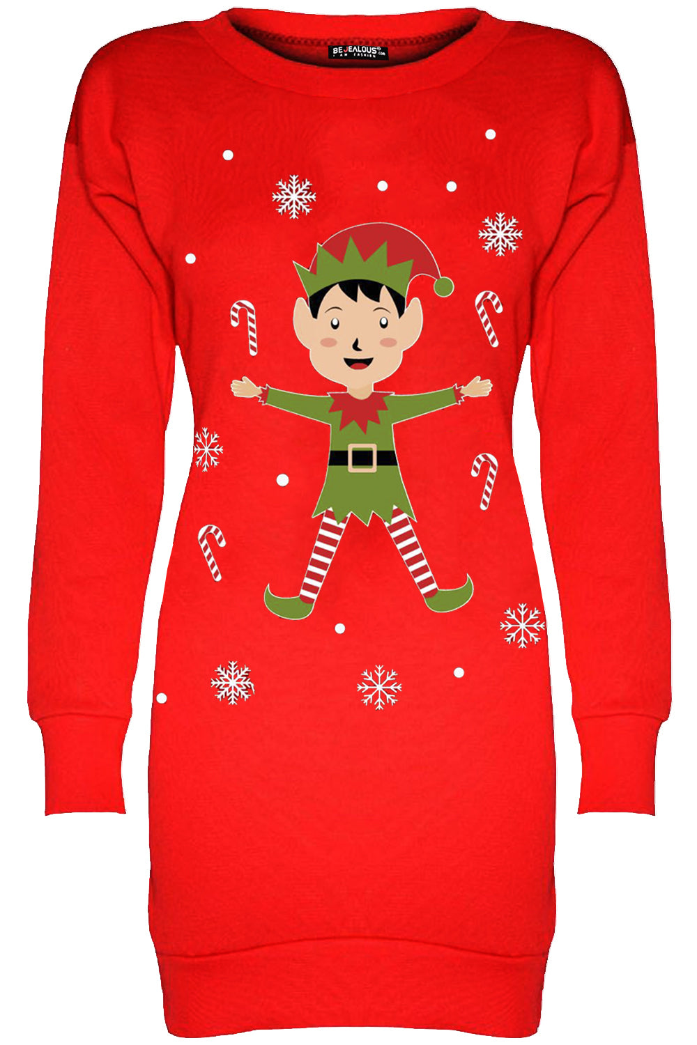 Long Sleeve Xmas Elf Print Jumper Dress - bejealous-com