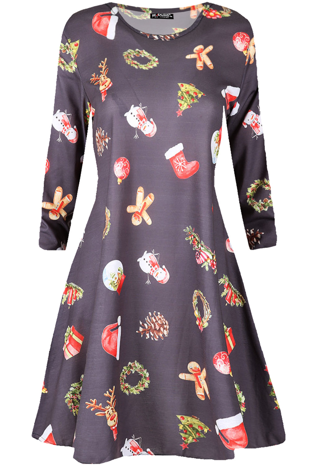 Emily Long Sleeve Christmas Print Swing Dress