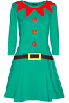 Long Sleeve Elf Print Mini Xmas Dress - bejealous-com