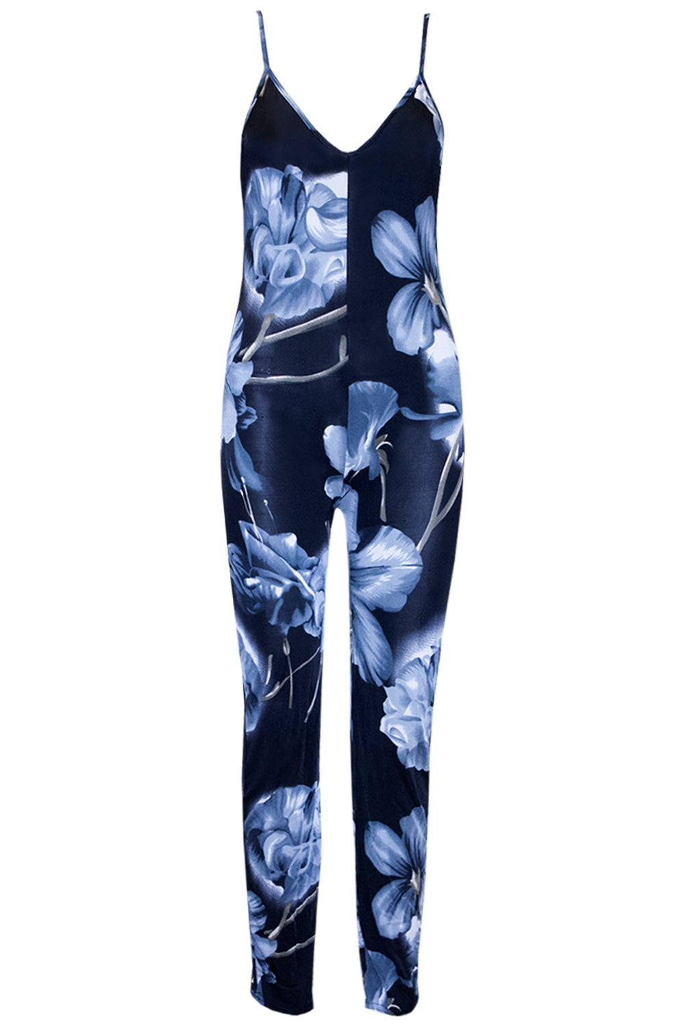 Strappy Blue Tropical Print Slim Leg Lycra Jumpsuit