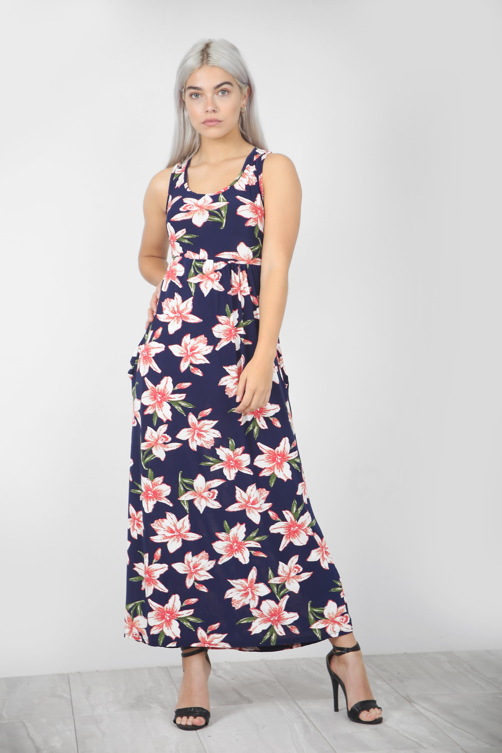 Racer Back Gold Floral Print Slinky Maxi Dress - bejealous-com