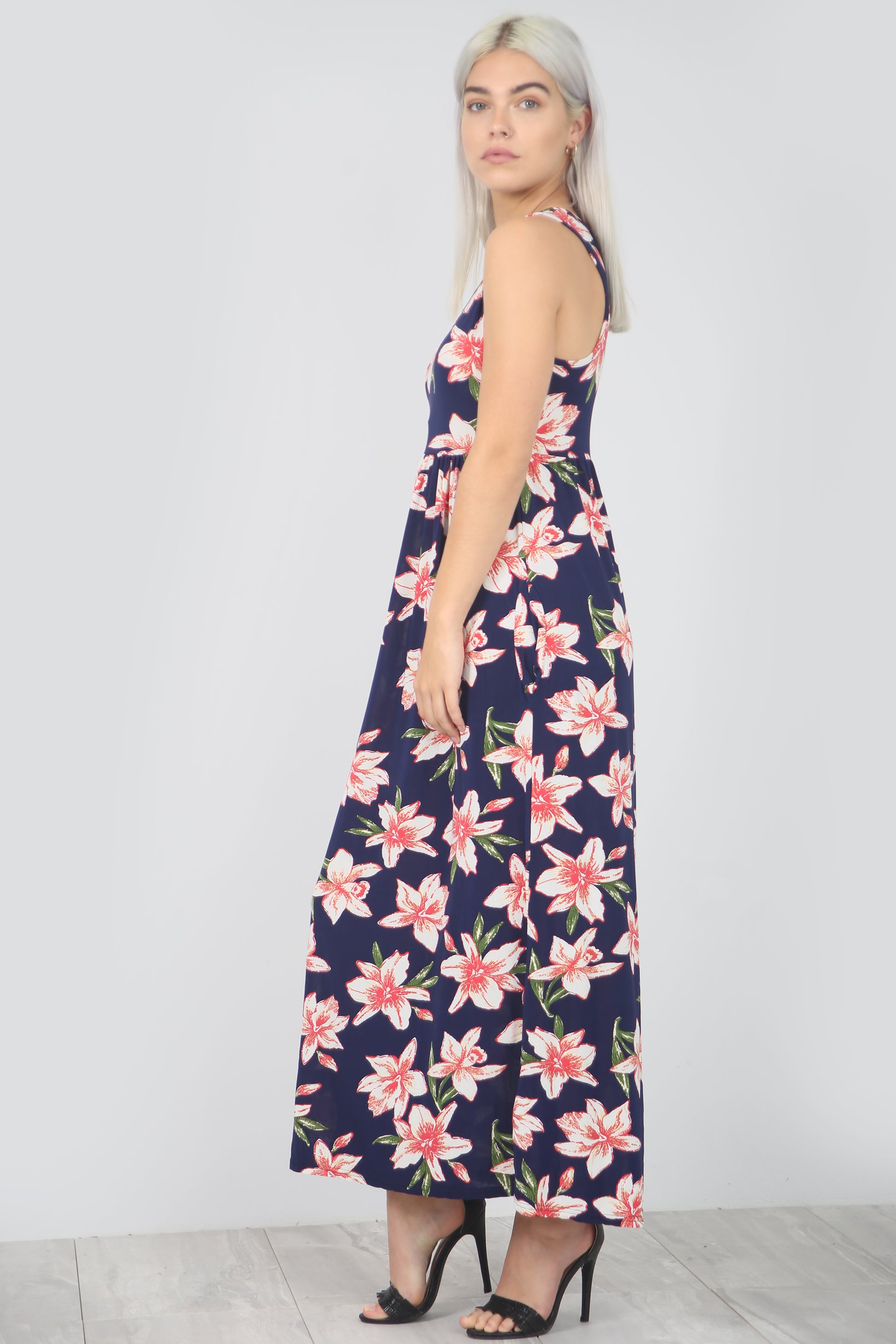 Racer Back Gold Floral Print Slinky Maxi Dress - bejealous-com