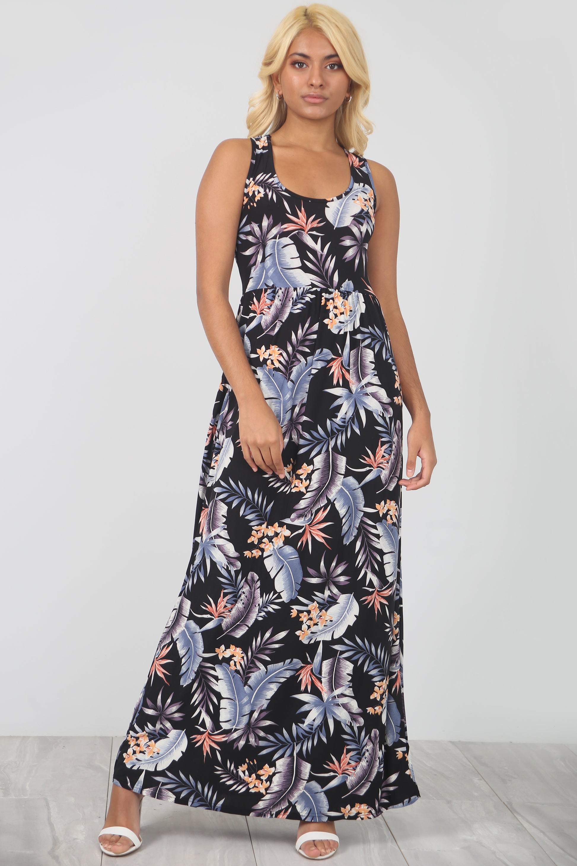 Tropical Print Purple Maxi Dress With Pockets - bejealous-com