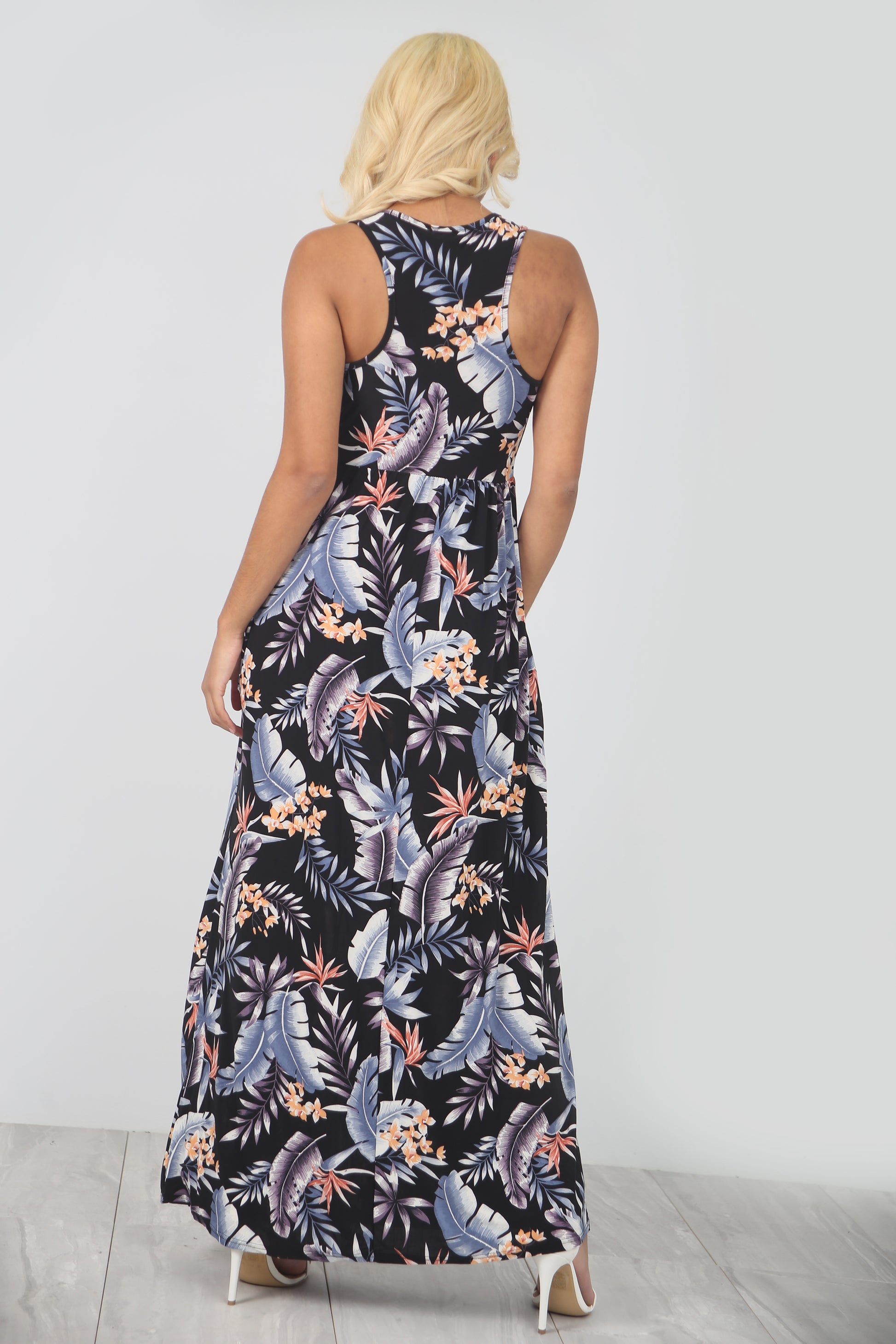 Tropical Print Purple Maxi Dress With Pockets - bejealous-com