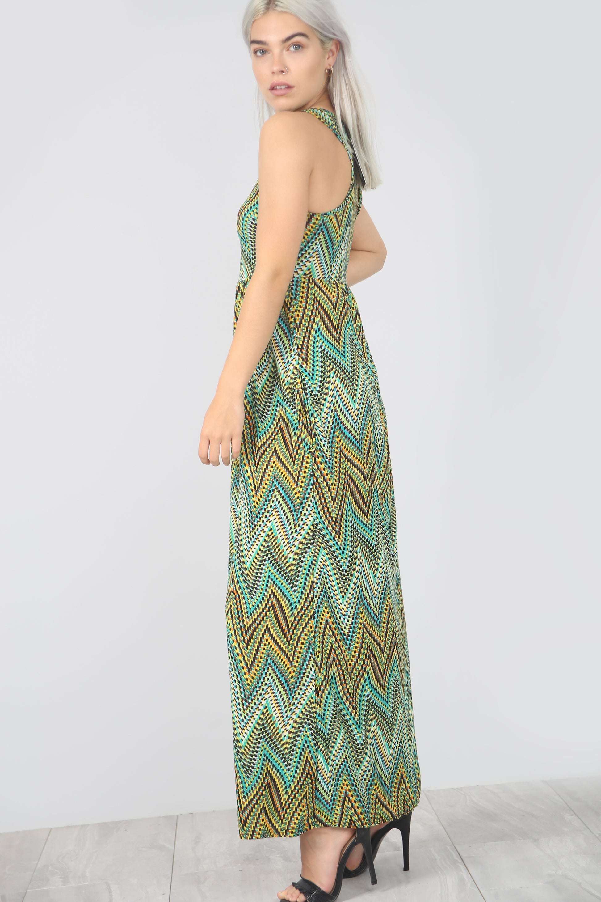 Racer Back Gold Floral Print Slinky Maxi Dress - bejealous-com