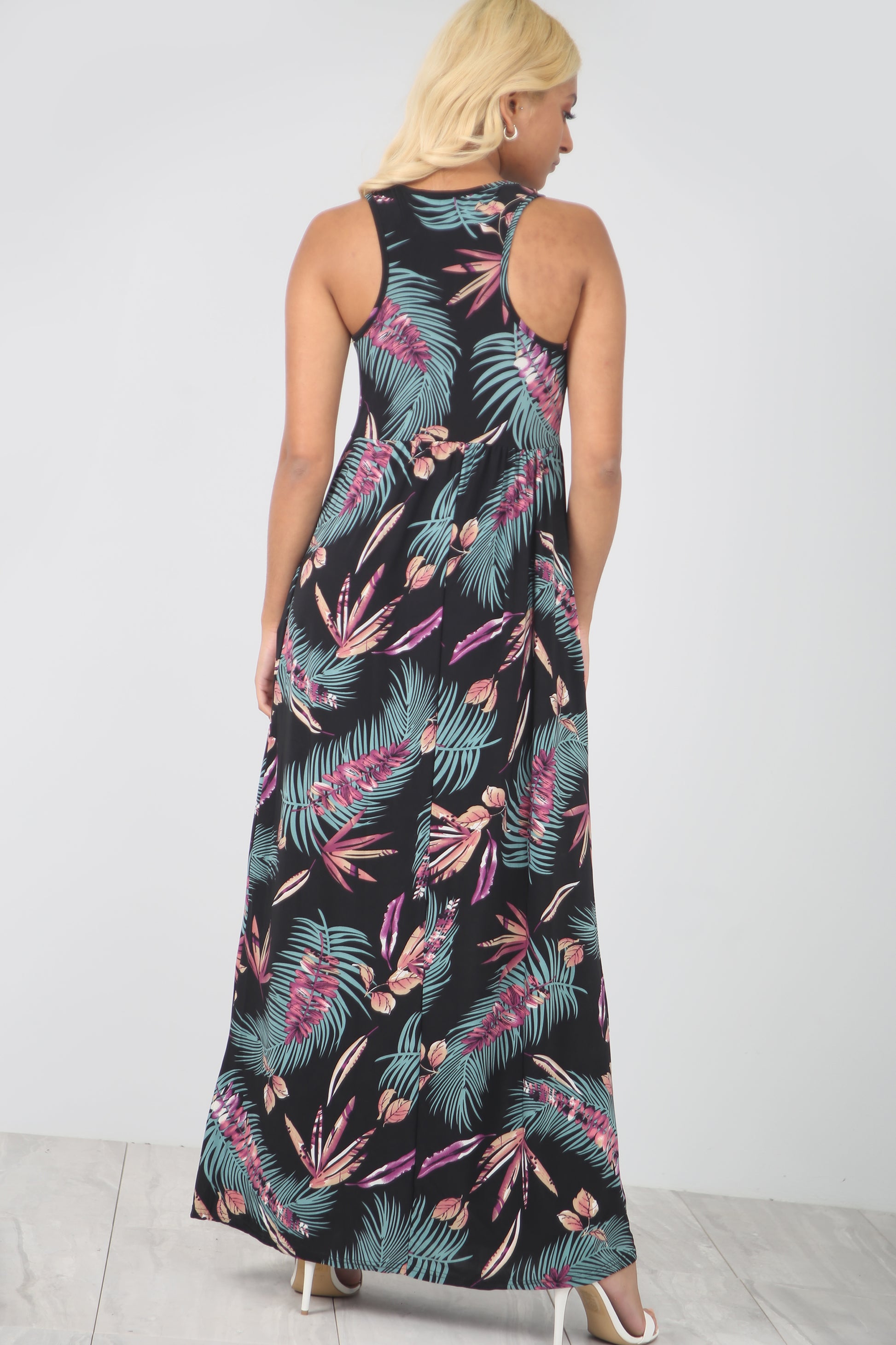 Racer Back Gold Floral Print Slinky Maxi Dress - bejealous-com