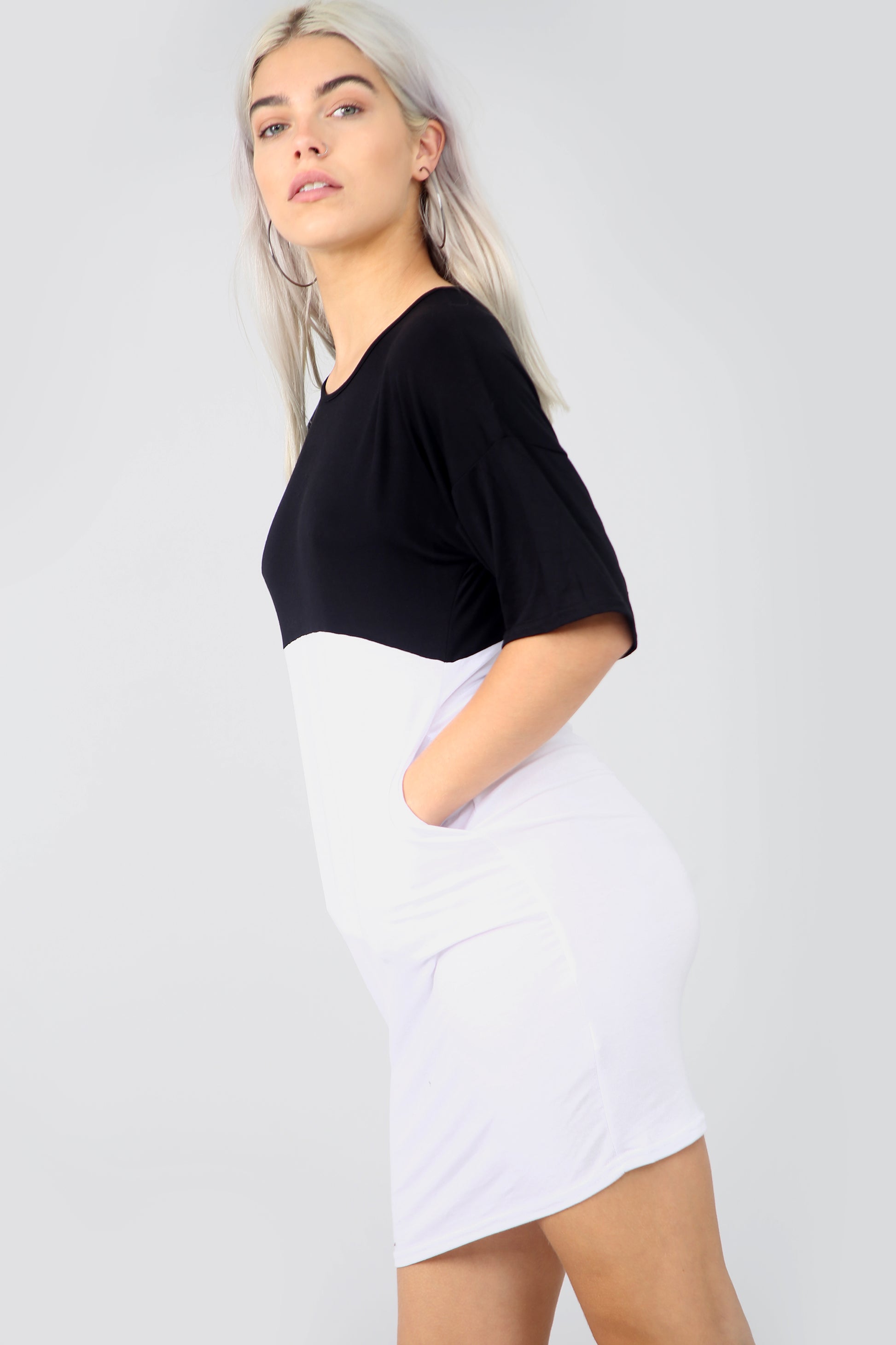 Colour Block Oversize Basic Tshirt Dress With Pockets - bejealous-com