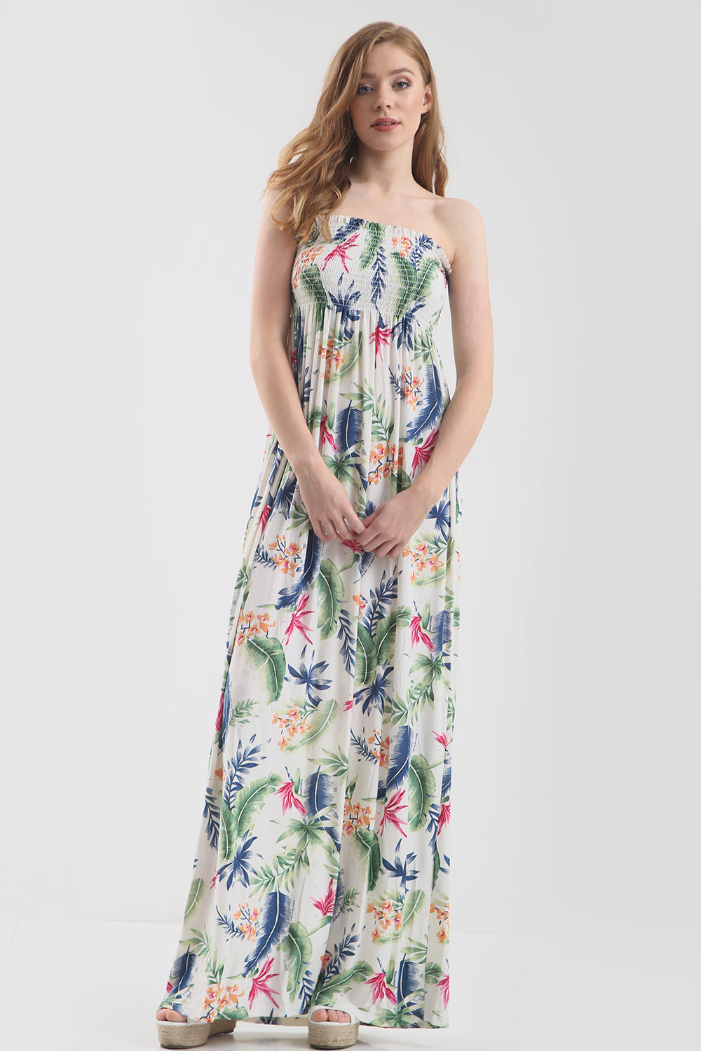 Tropical Print Bardot Cream Maxi Dress - bejealous-com