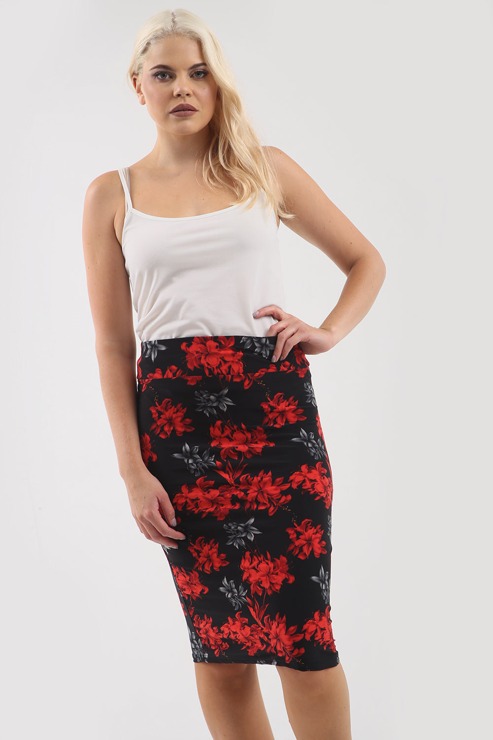 Jessica High Waisted Black Floral Midi Skirt - bejealous-com