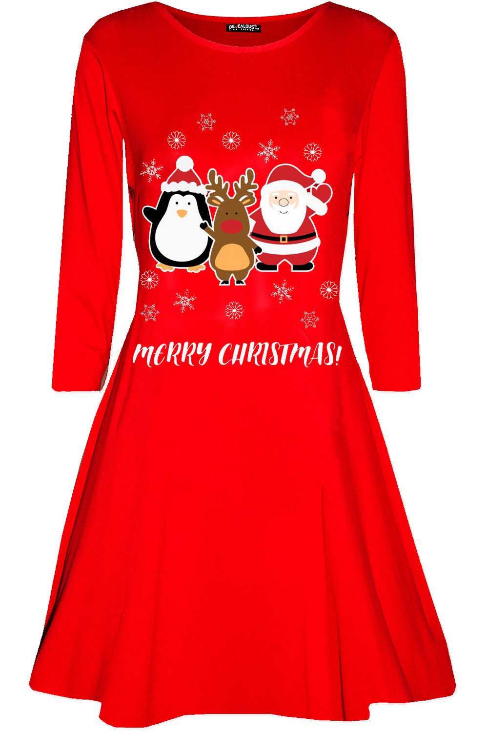 Merry Christmas Print Long Sleeve Swing Dress - bejealous-com