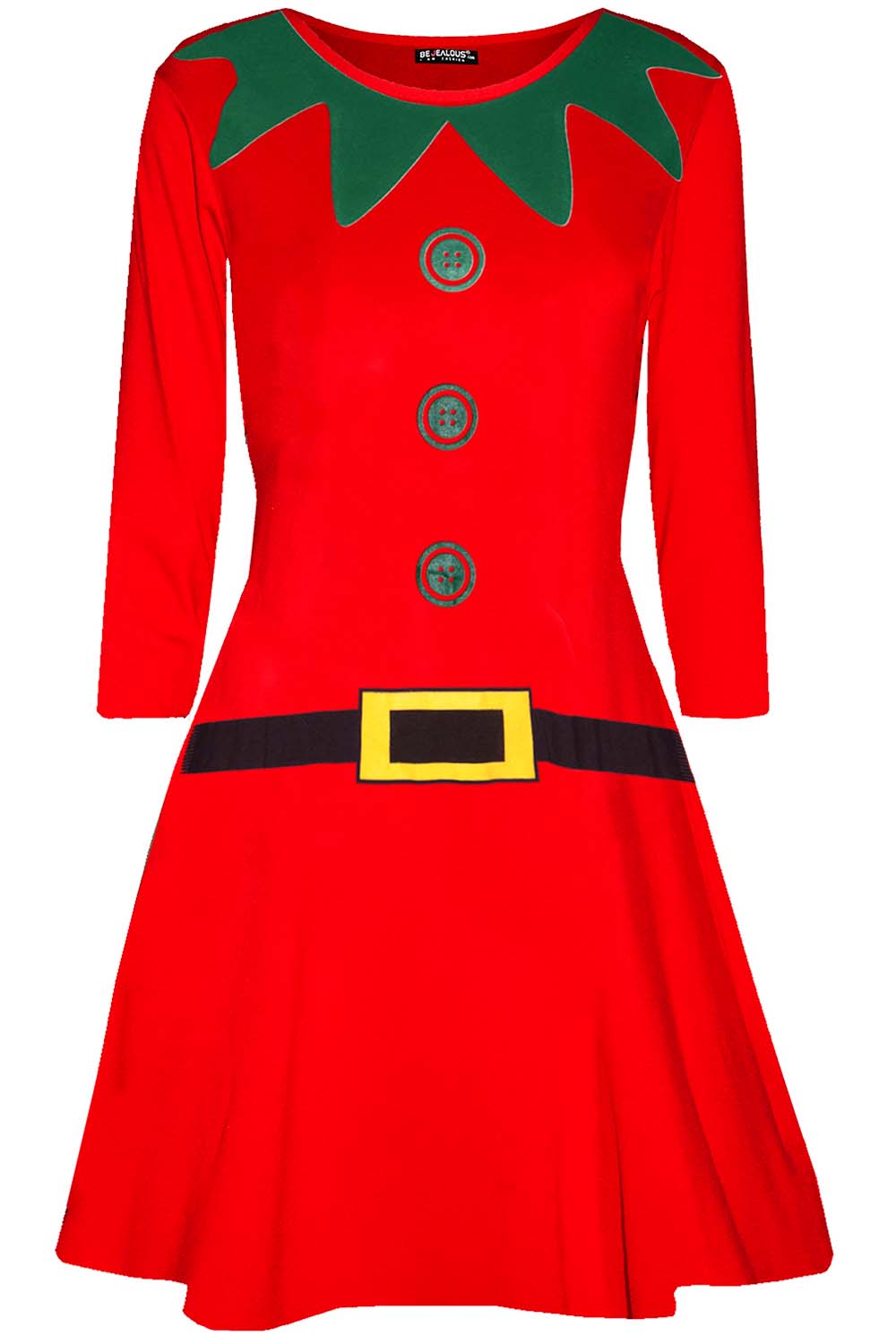 Long Sleeve Elf Print Mini Xmas Dress - bejealous-com