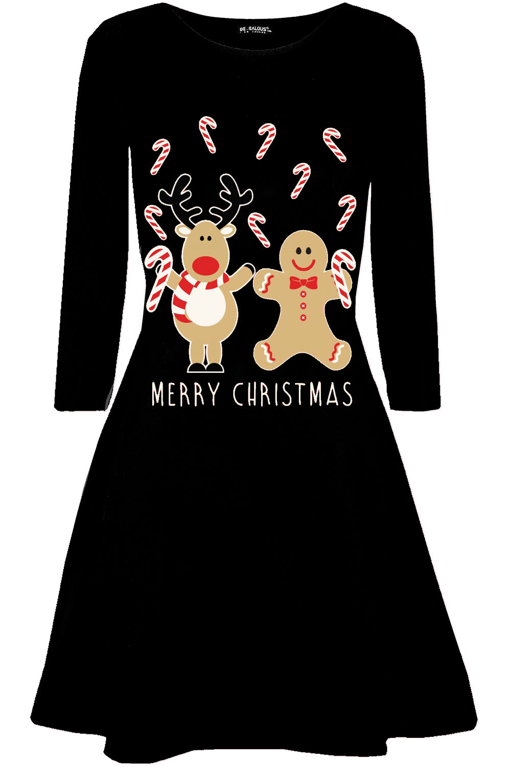 Christmas Print Long Sleeve Swing Dress - bejealous-com