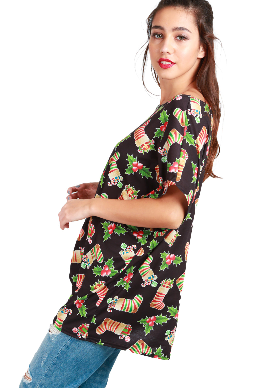 Mia Christmas Sleigh Santa Hat Tree Baggy T Shirt