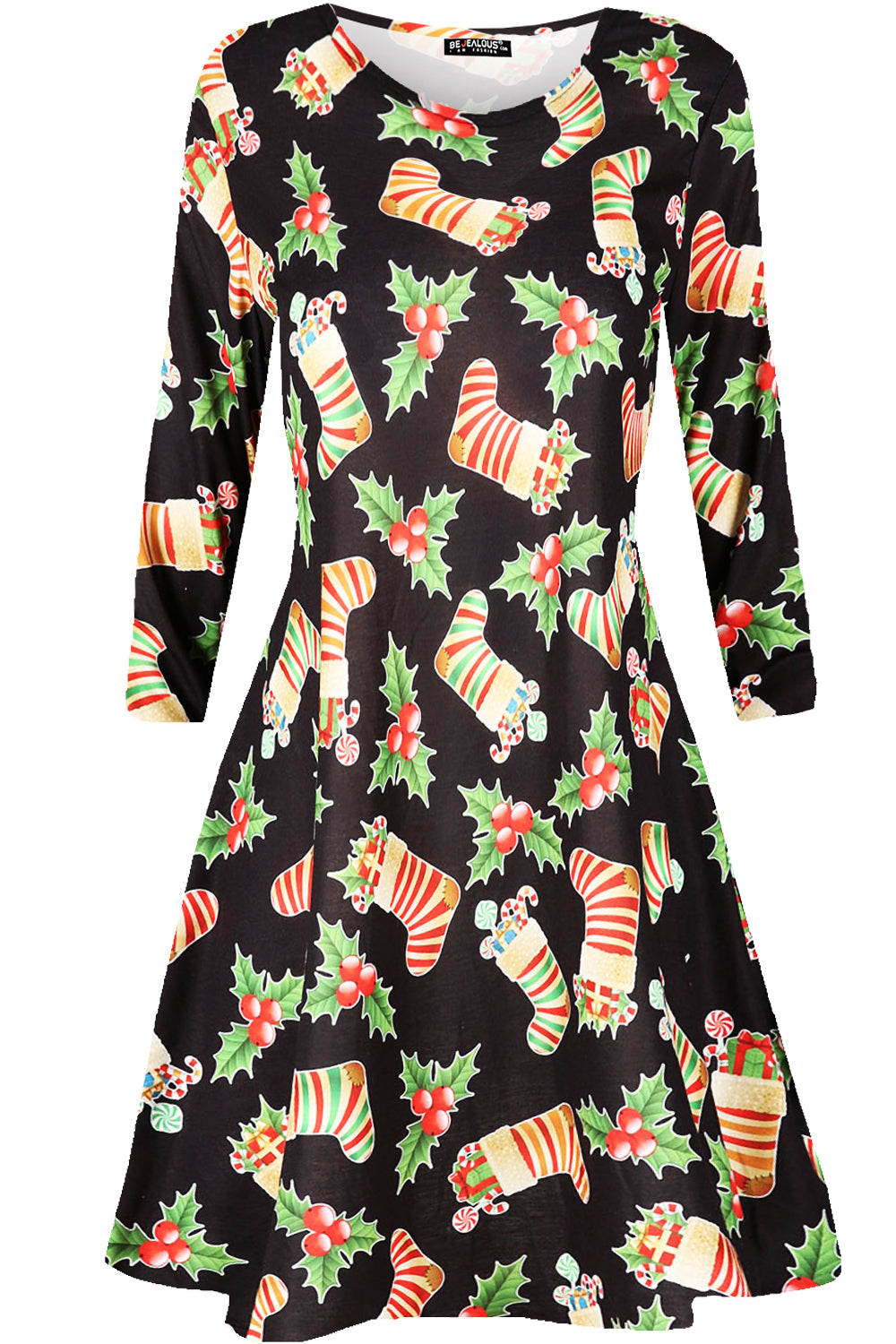 Emily Long Sleeve Christmas Print Swing Dress