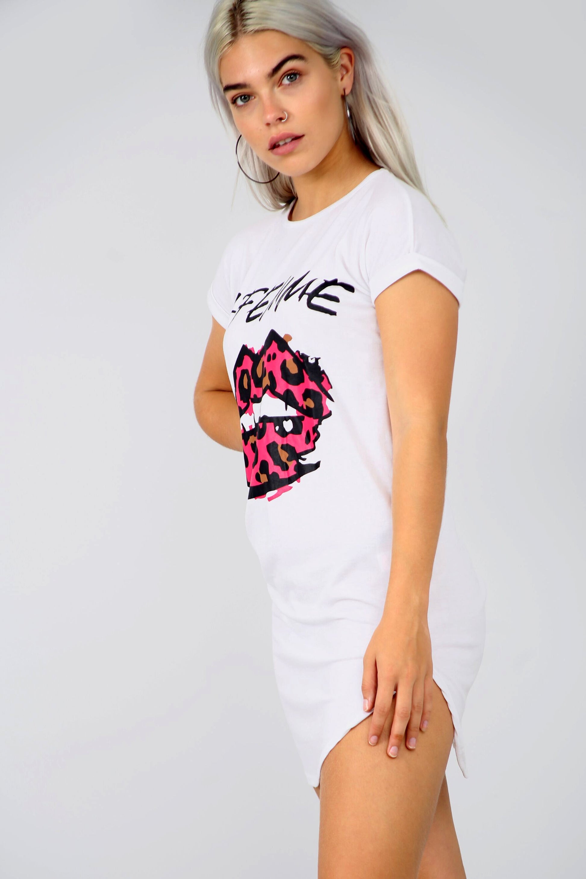 La Femme Slogan Curved Hem Tshirt Dress in White - bejealous-com