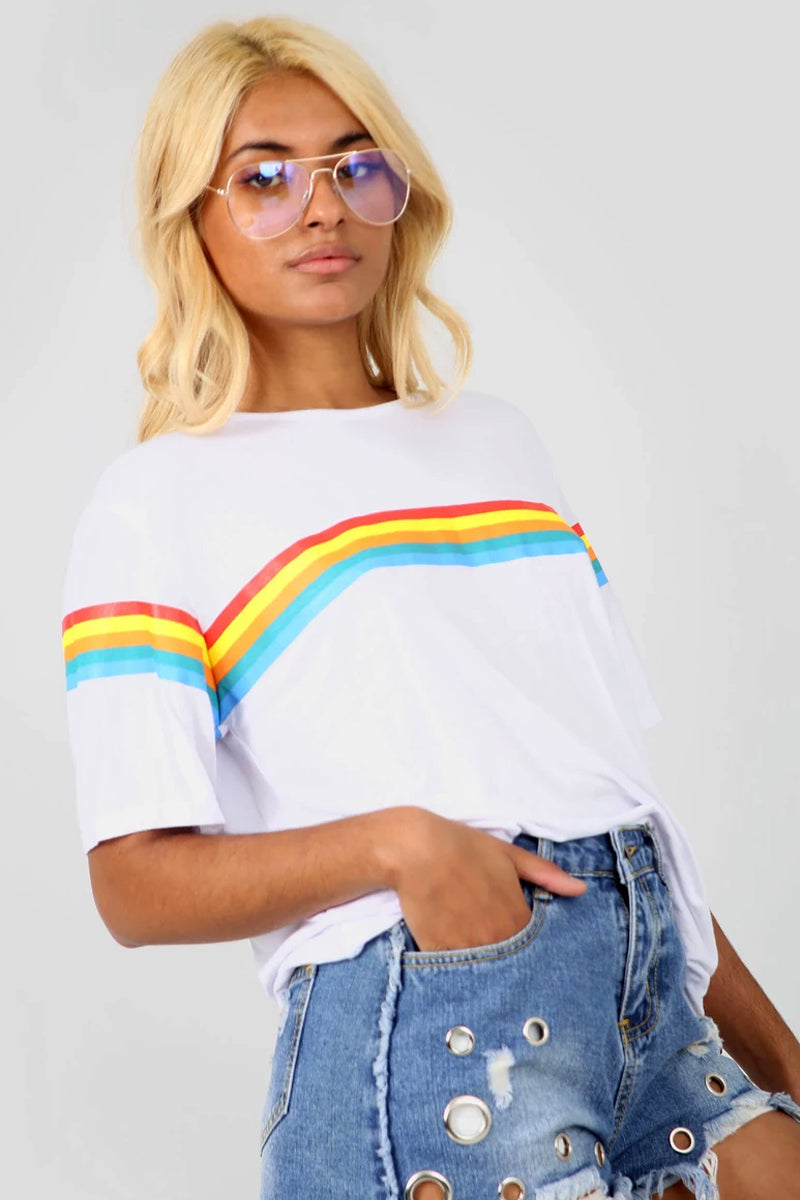 White Oversized T-shirt with Rainbow Stripe - bejealous-com