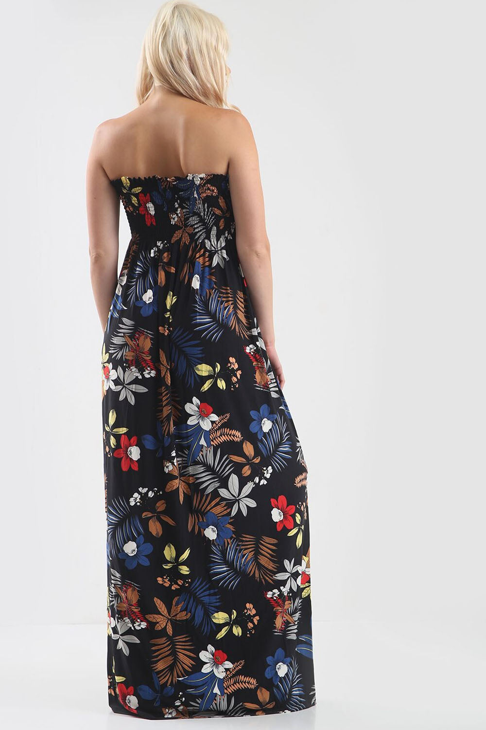 Tropical Print Black Bardot Shirring Maxi Dress - bejealous-com