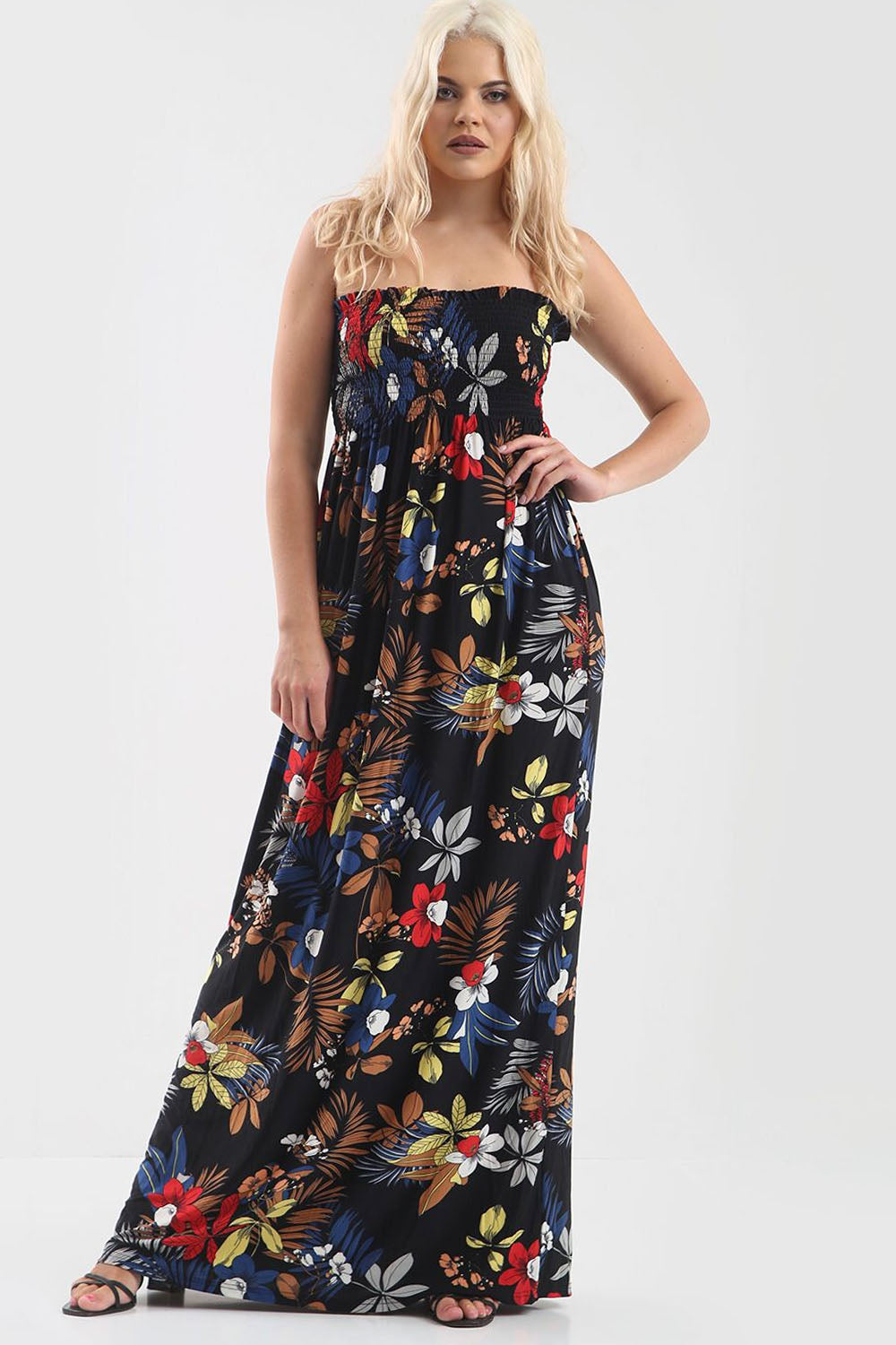 Tropical Print Black Bardot Shirring Maxi Dress - bejealous-com