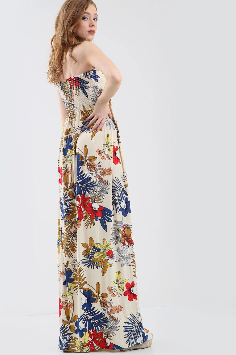Tropical Print Black Bardot Shirring Maxi Dress - bejealous-com