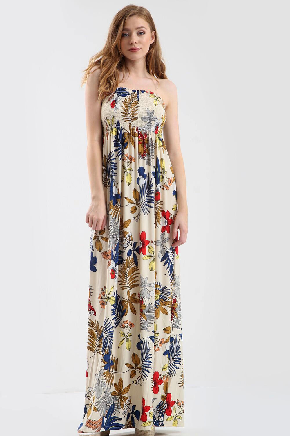 Tropical Print Black Bardot Shirring Maxi Dress - bejealous-com