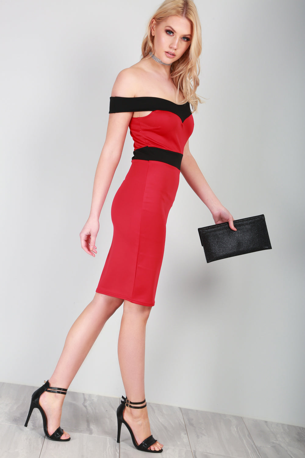 Red Bardot Ribbed Bodycon Midi Dress - bejealous-com