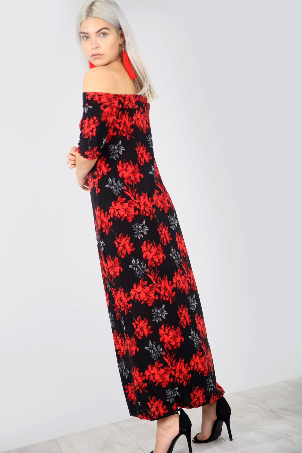 Off The Shoulder Red Floral Print Maxi Dress - bejealous-com
