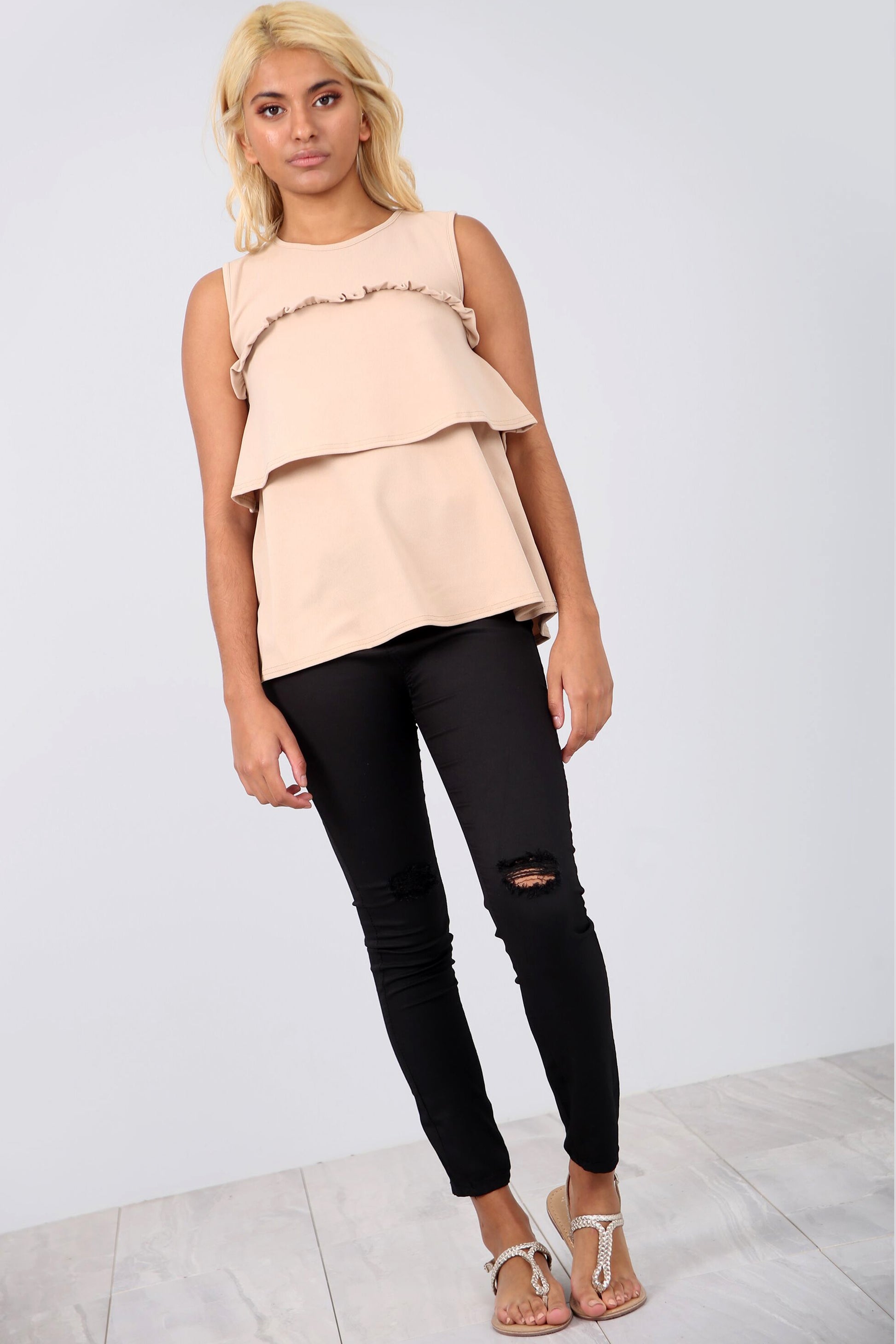 Sleeveless Crepe Tiered Frill Beige Top - bejealous-com