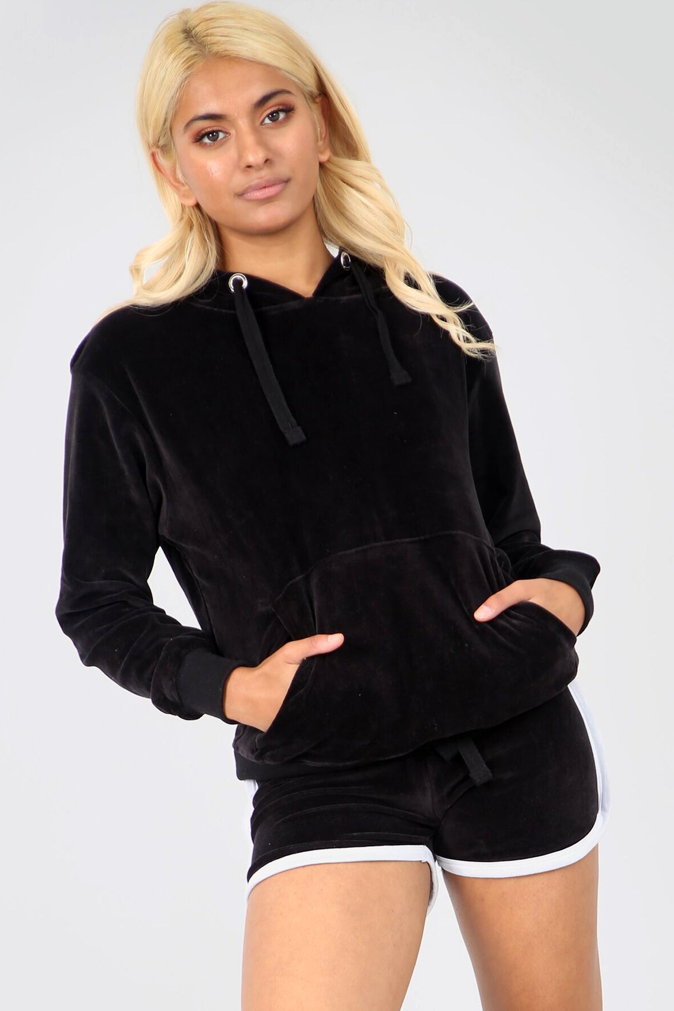 Monochrome Faux Velvet Hooded Coord Set - bejealous-com