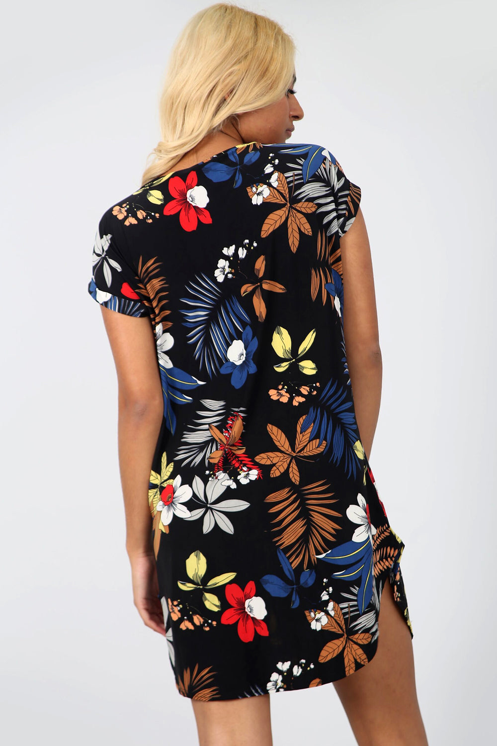 Floral Print Curved Hem Baggy Tshirt Dress - bejealous-com