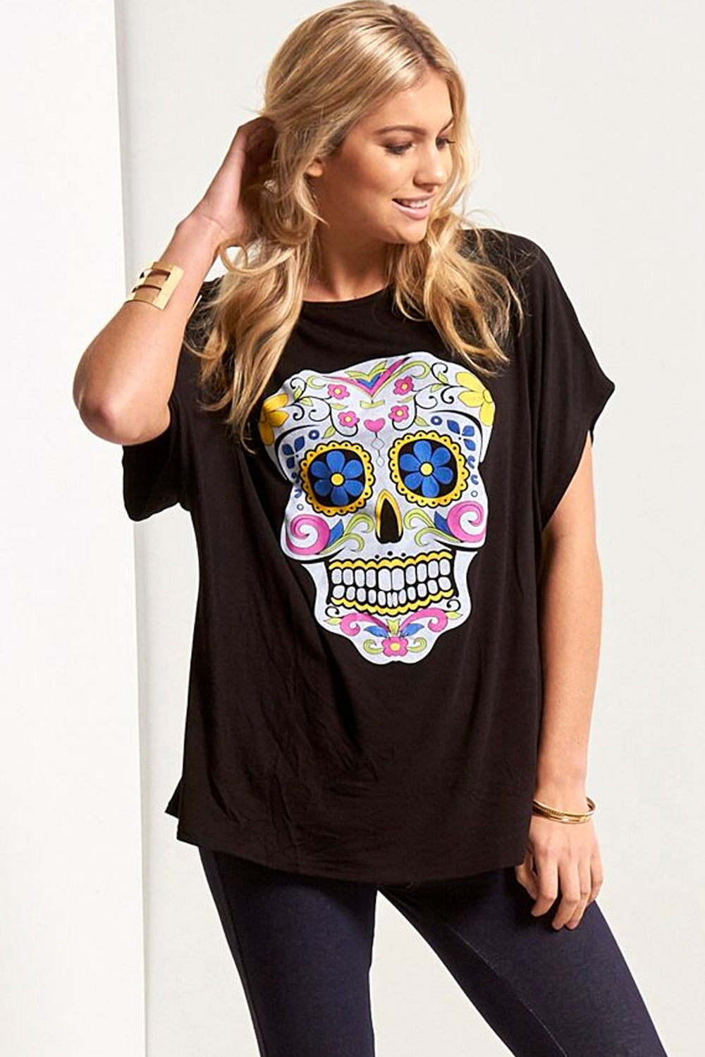 Graphic Skull Print Oversize Bat Wing Tshirt - bejealous-com