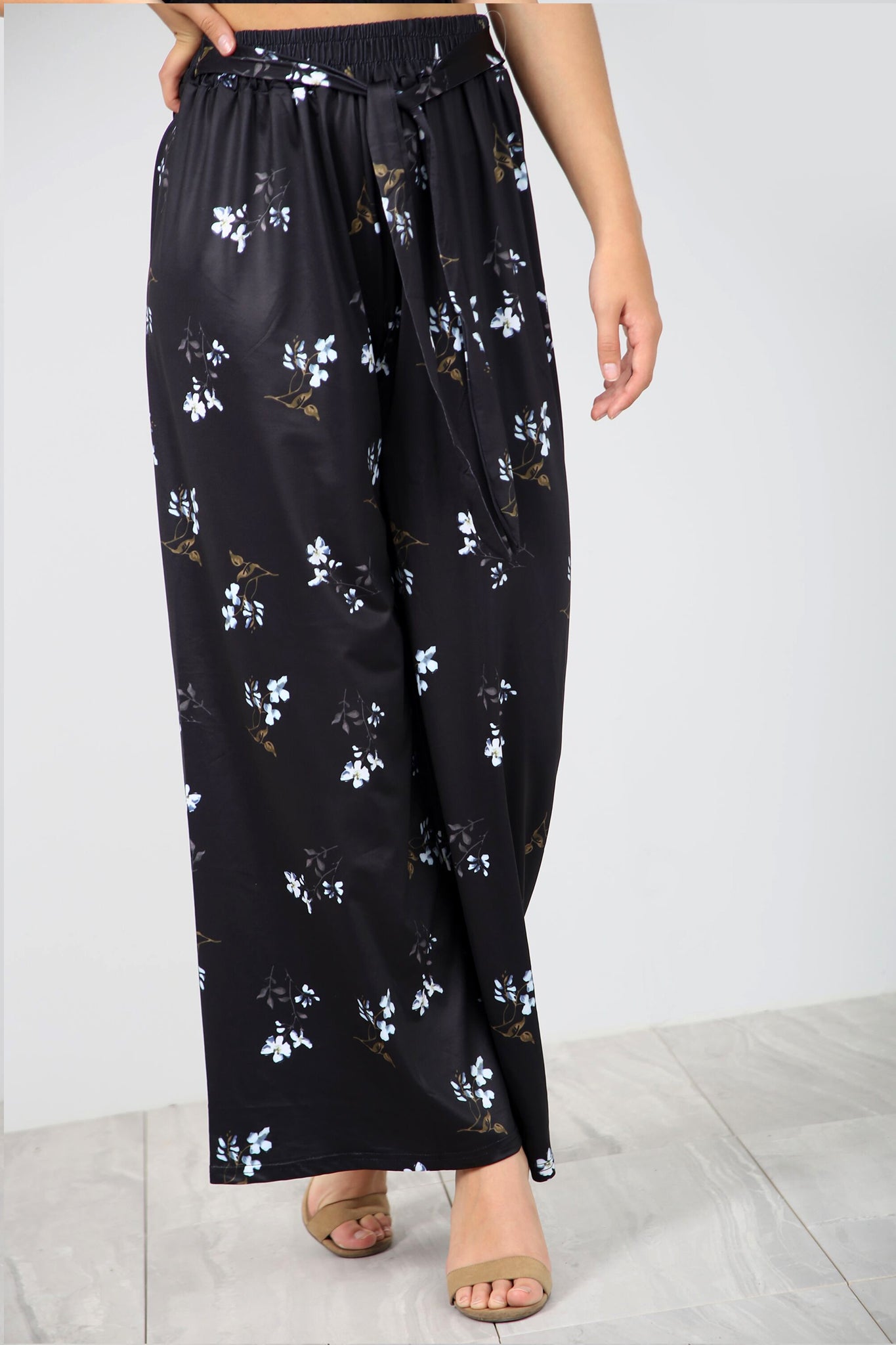 High Waist Belted Blue Floral Palazzo Trousers - bejealous-com