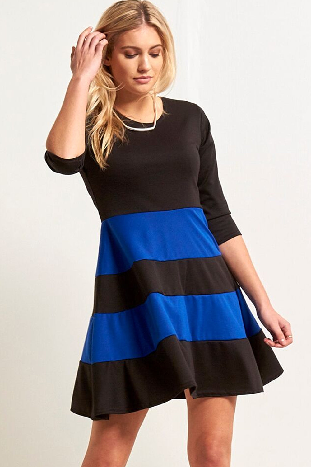 Cropped Sleeve Colour Block Mini Skater Dress - bejealous-com