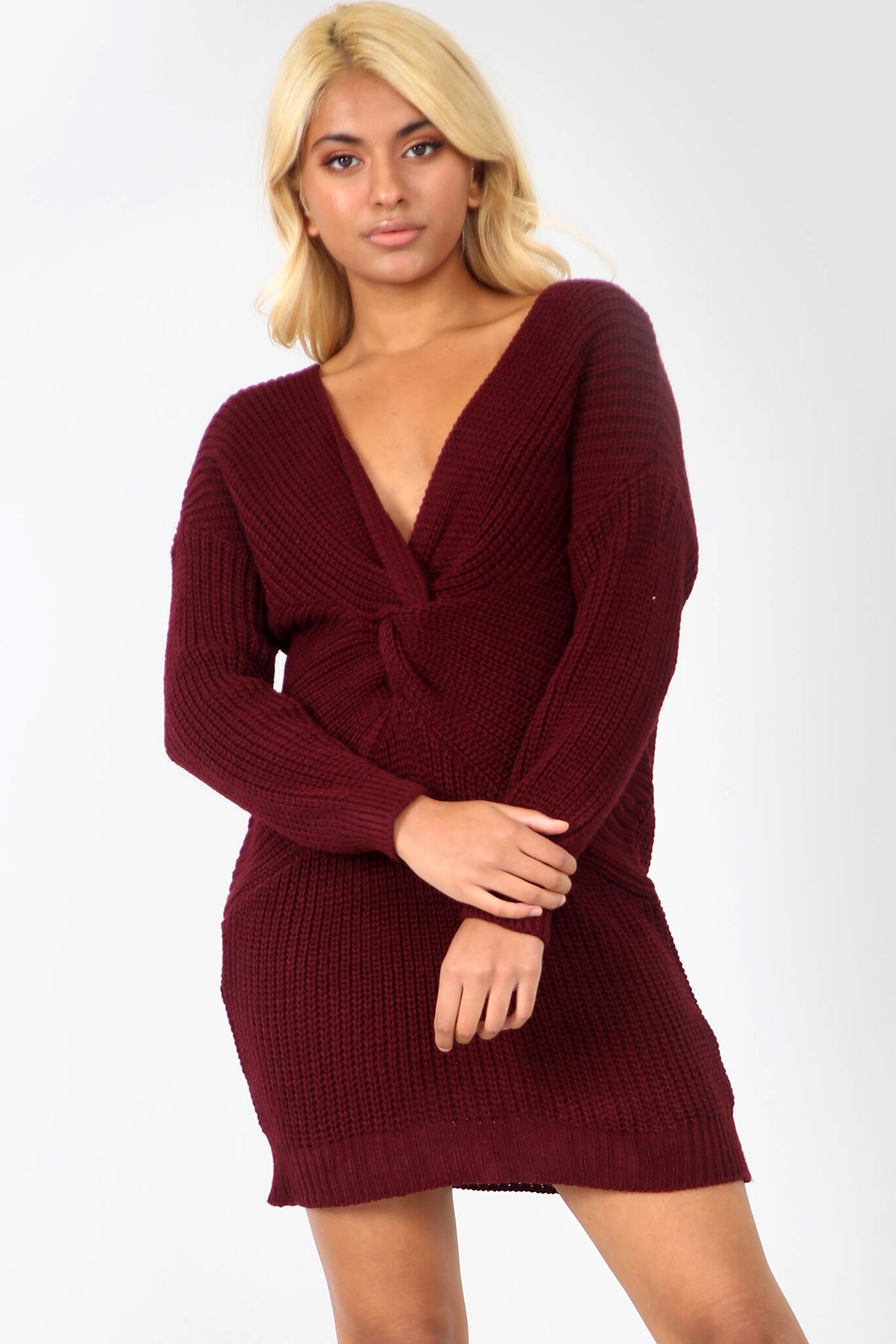 Burgundy Twist Front Oversize Knitted Jumper Dress - bejealous-com