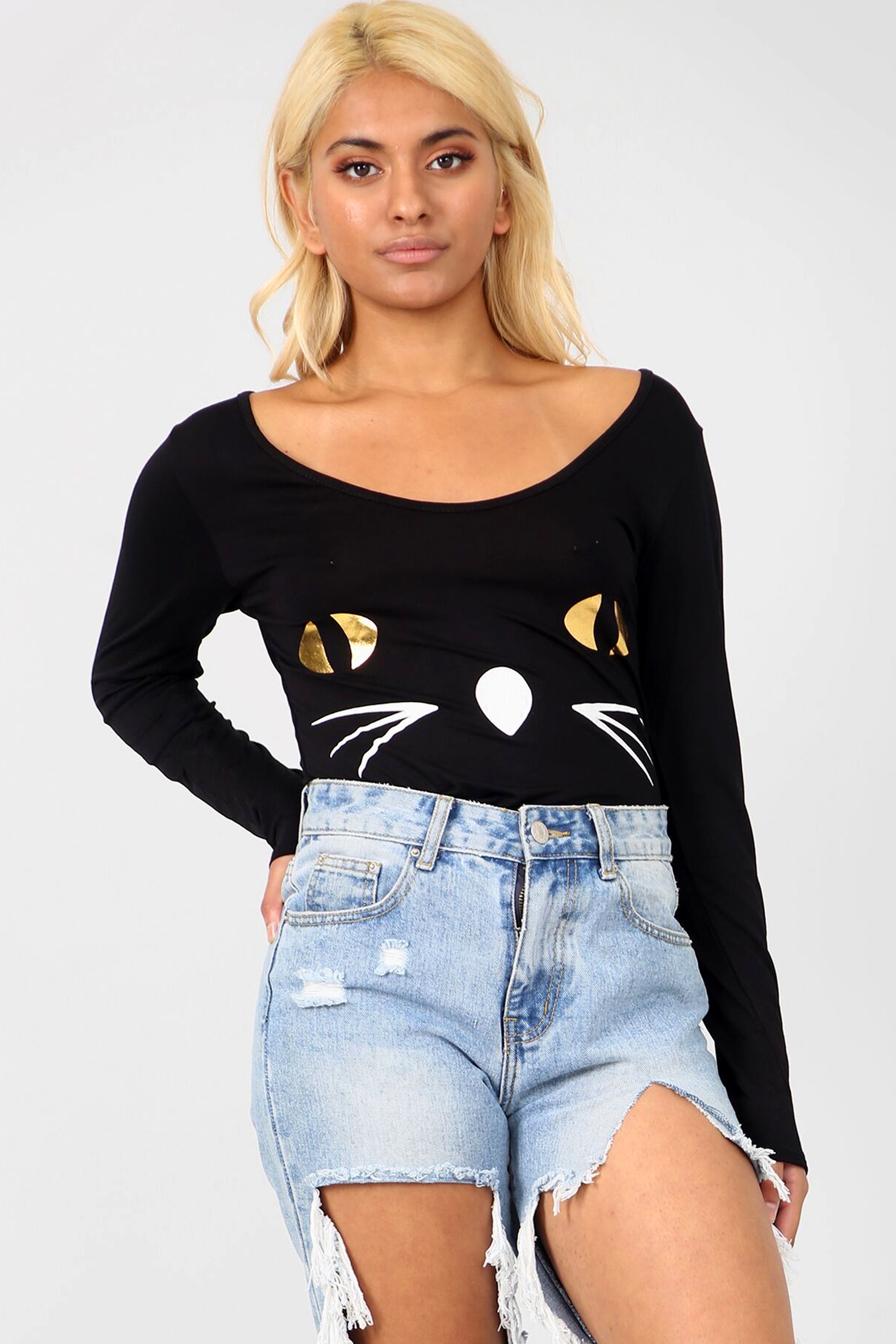 Long Sleeve Cat Face Halloween Bodysuit - bejealous-com