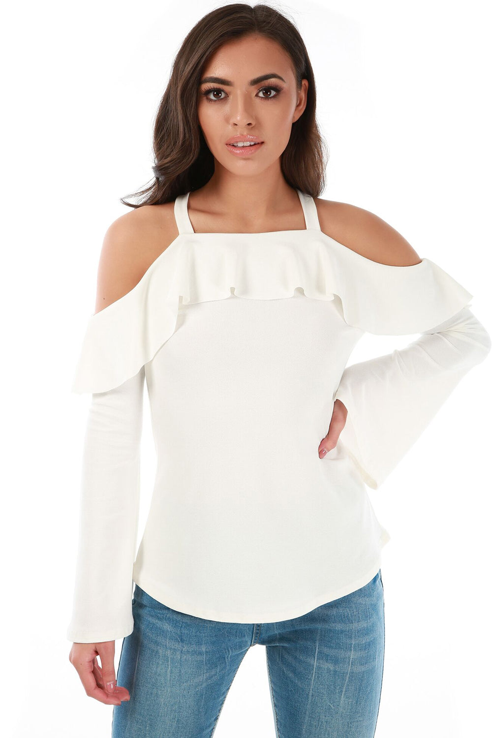 Cold Shoulder Flute Sleeve Frilly Top - bejealous-com