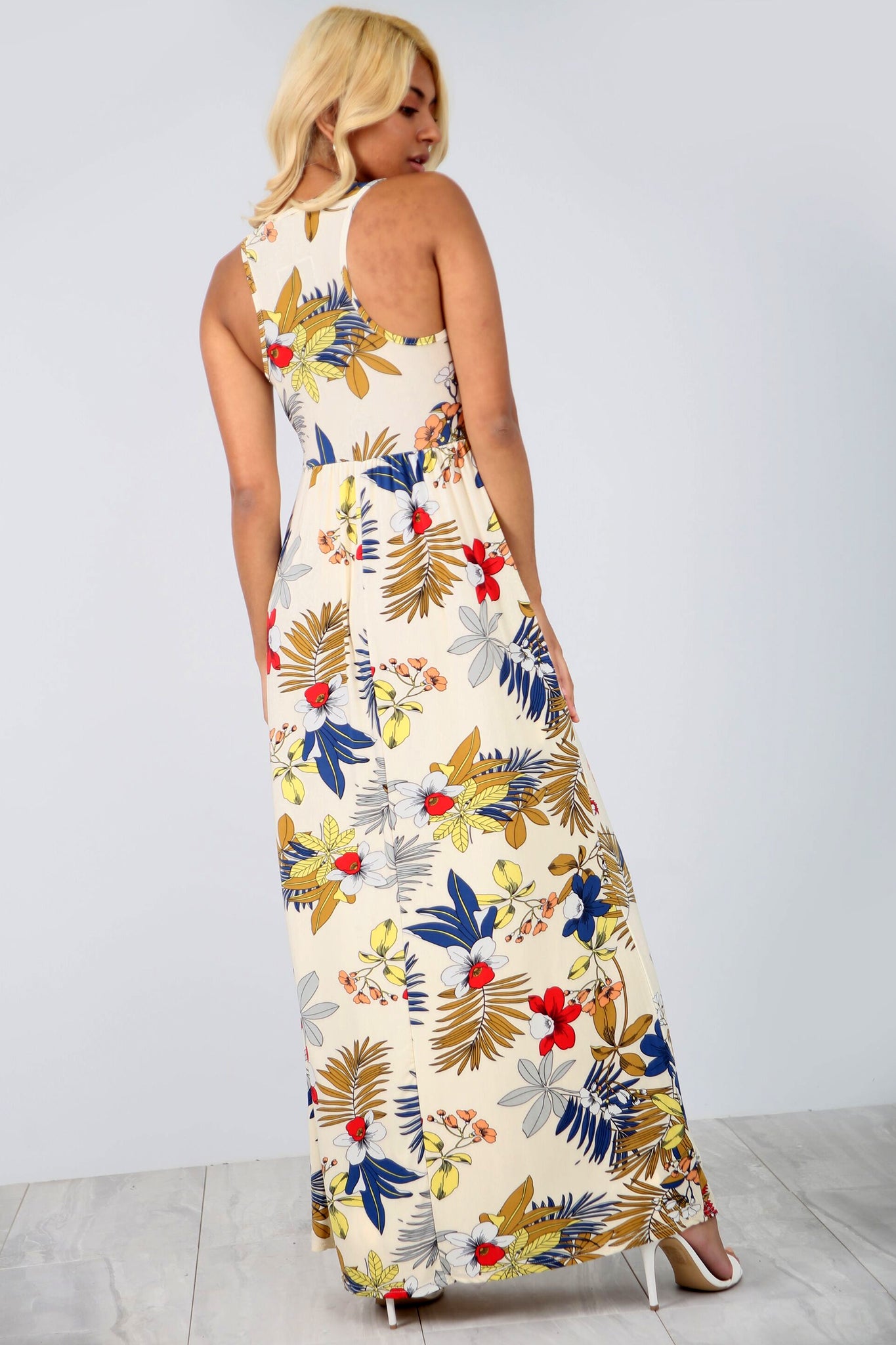 Racer Back Slinky Floral Maxi Dress With Pockets - bejealous-com