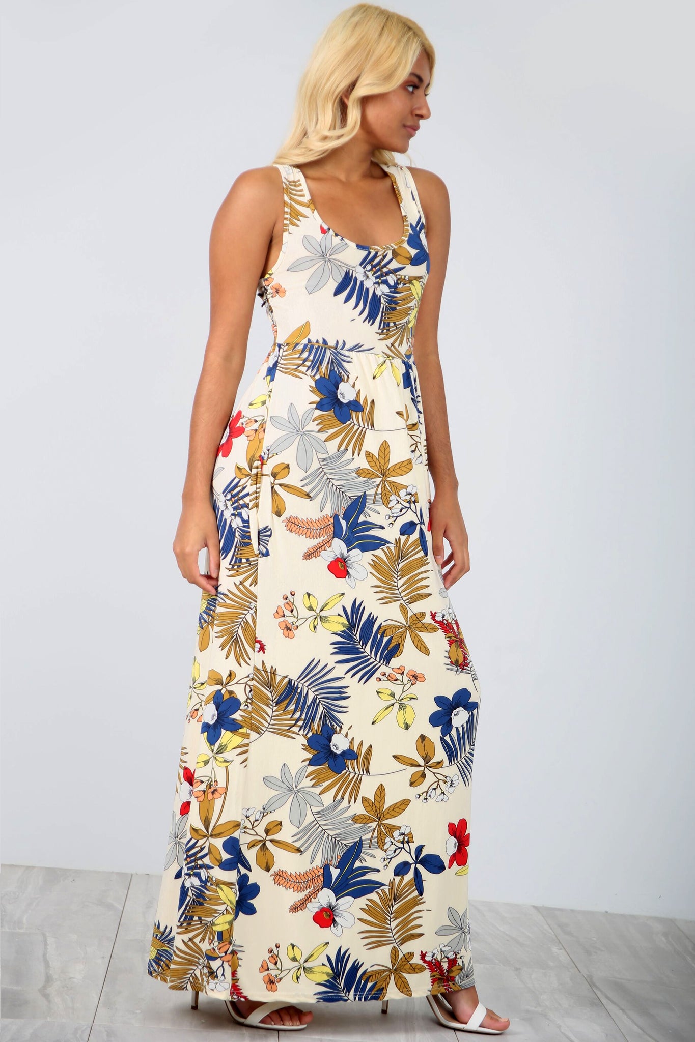 Racer Back Slinky Floral Maxi Dress With Pockets - bejealous-com