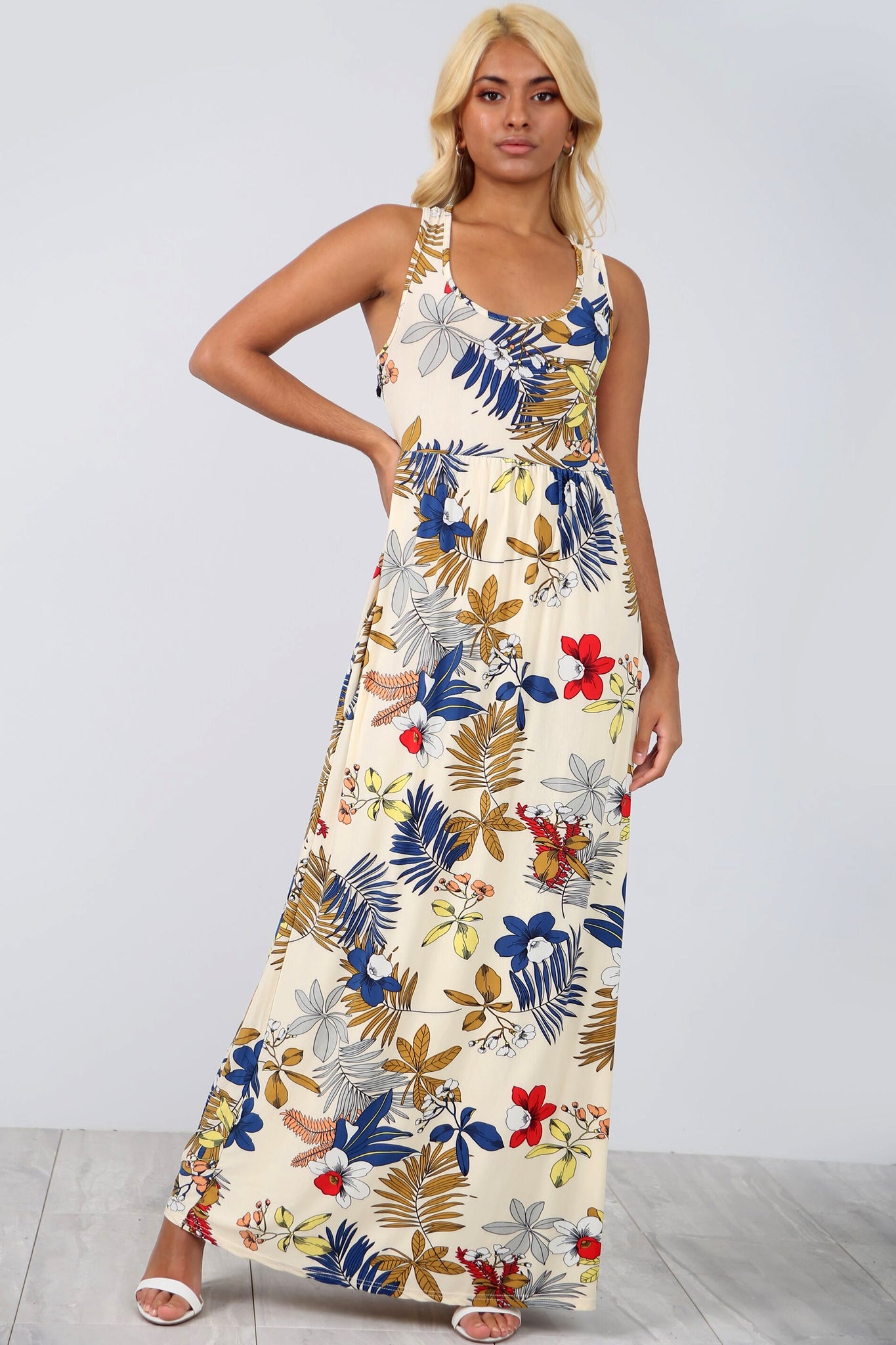 Racer Back Slinky Floral Maxi Dress With Pockets - bejealous-com