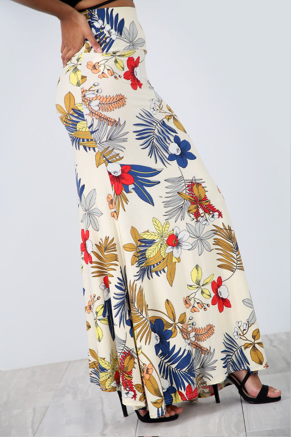 High Waist Beige Floral Fishtail Maxi Skirt - bejealous-com