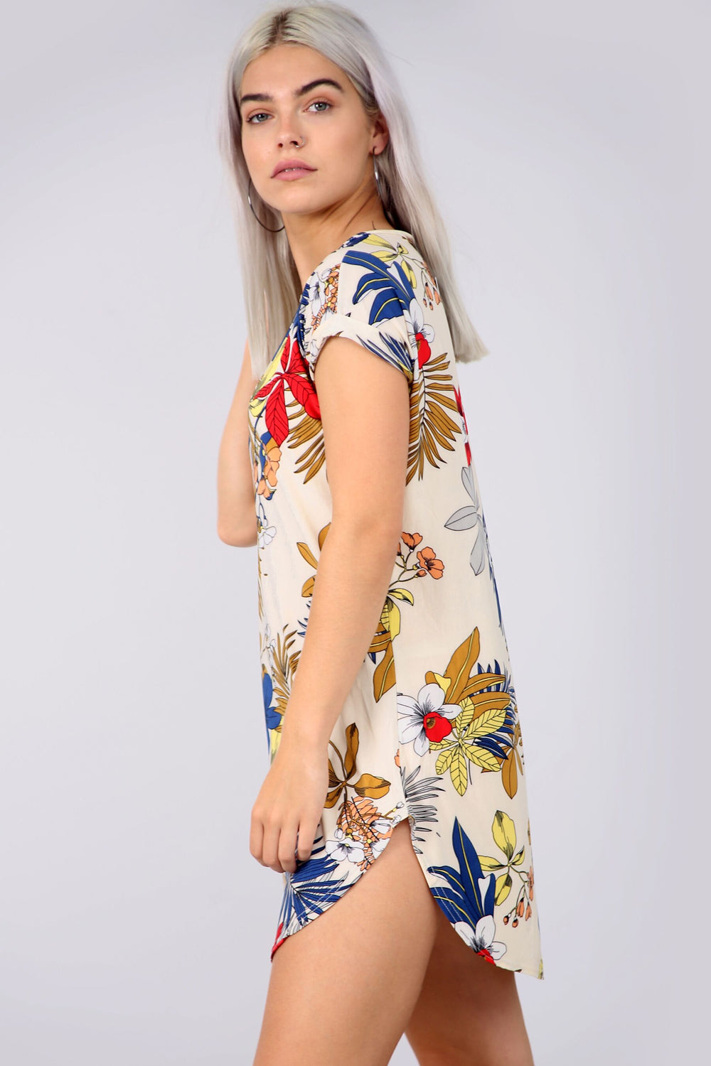 Floral Print Curved Hem Baggy Tshirt Dress - bejealous-com