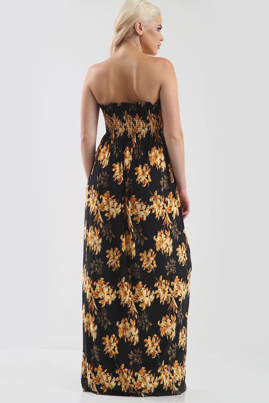 Strapless Maxi Dress in Gold Tropical Print - bejealous-com