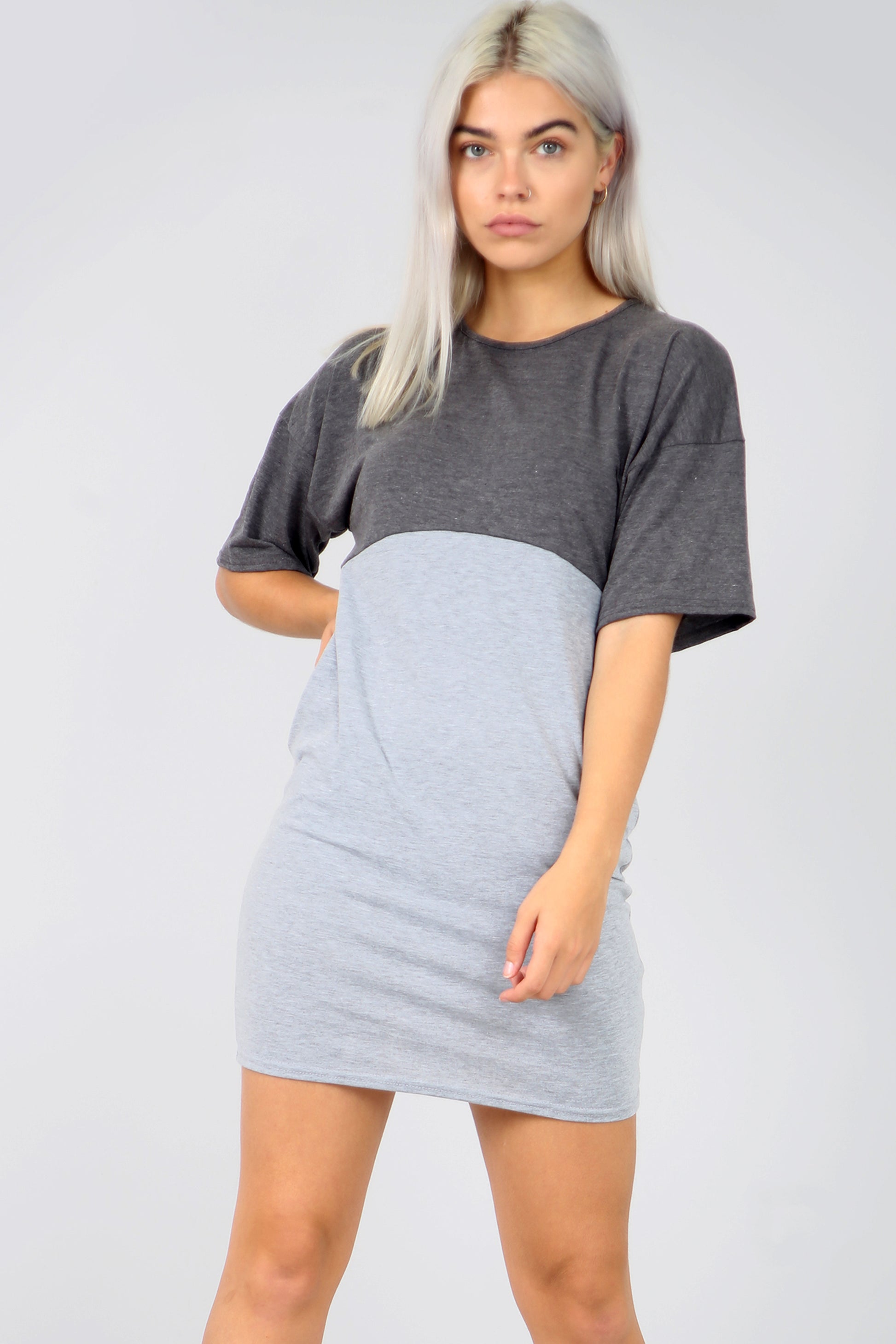 Colour Block Oversize Basic Tshirt Dress With Pockets - bejealous-com