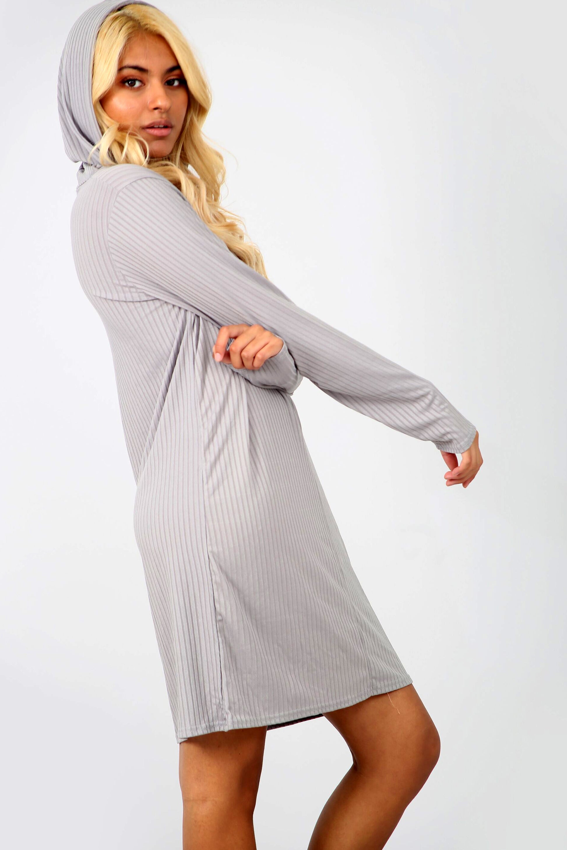 Long Sleeve Plunge Neck Ribbed Sweatshirt Dress - bejealous-com