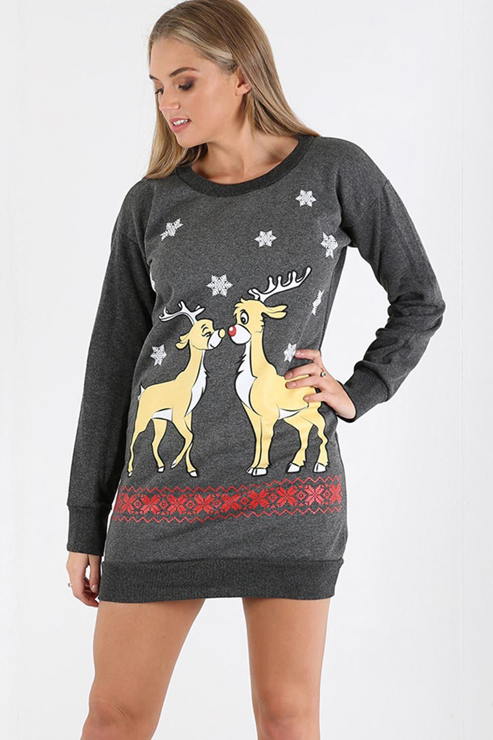 Long Sleeve Reindeer Grey Jumper Dress - bejealous-com